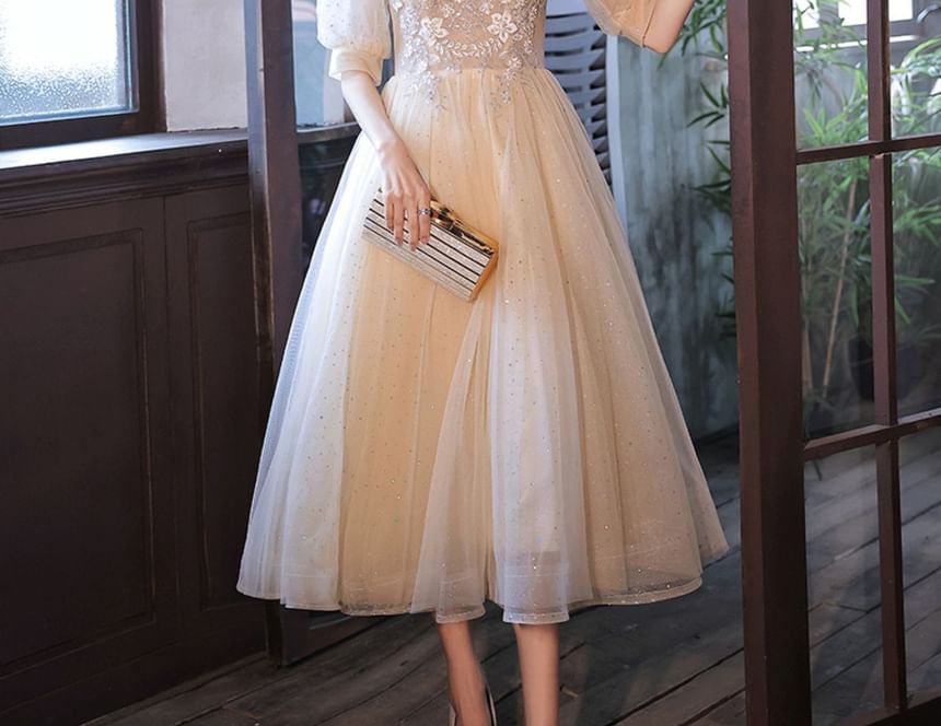 Mesh Gown Dress Floral A-Line Short-Sleeve / Evening