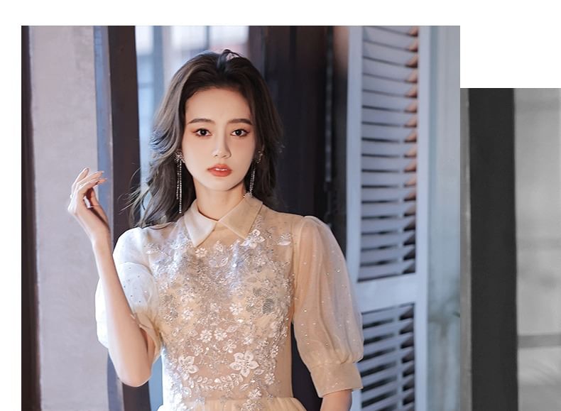 Mesh Gown Dress Floral A-Line Short-Sleeve / Evening