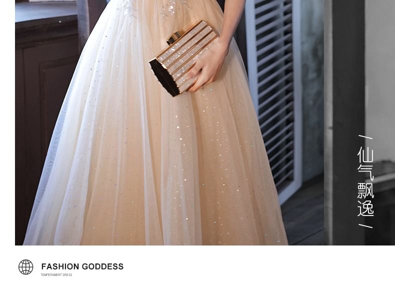 Mesh Gown Dress Floral A-Line Short-Sleeve / Evening