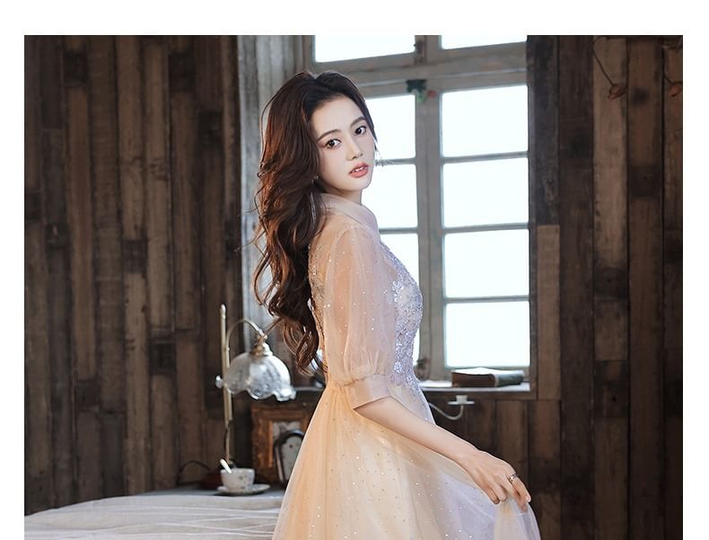 Mesh Gown Dress Floral A-Line Short-Sleeve / Evening