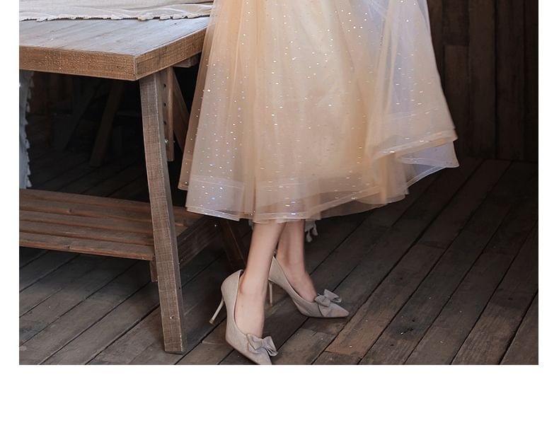 Mesh Gown Dress Floral A-Line Short-Sleeve / Evening