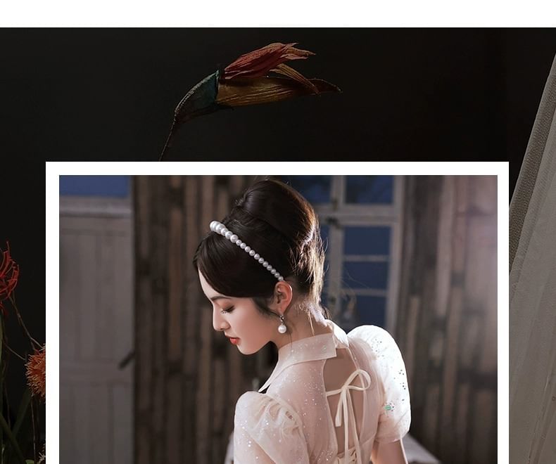 Mesh Short-Sleeve Gown Collared Evening A-Line Sequin