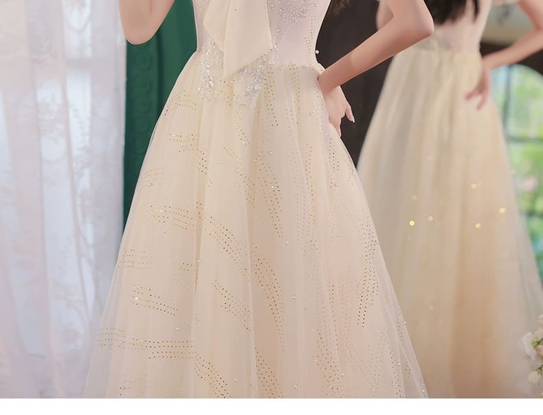 Evening Ribbon Gown Short-Sleeve Neck A-Line Mesh