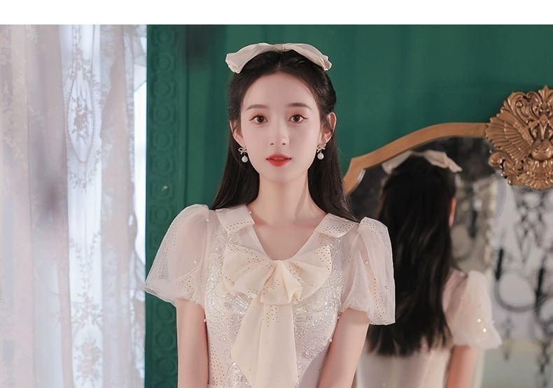 Evening Ribbon Gown Short-Sleeve Neck A-Line Mesh