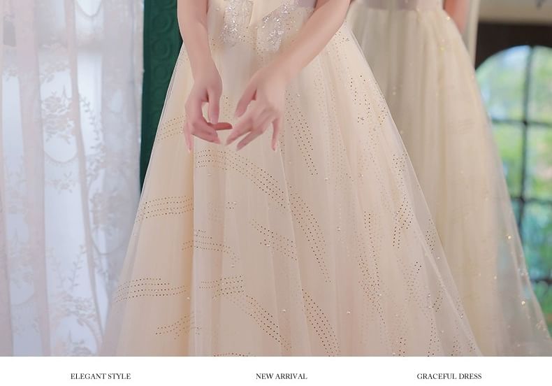 Evening Ribbon Gown Short-Sleeve Neck A-Line Mesh