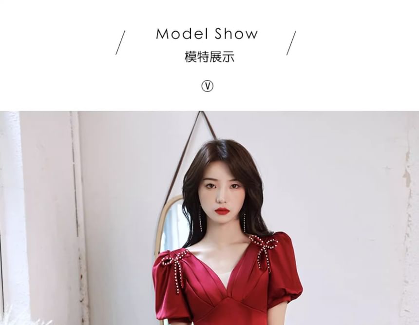 / V-Neck Short-Sleeve A-Line Dress Ribbon Beaded Evening Gown