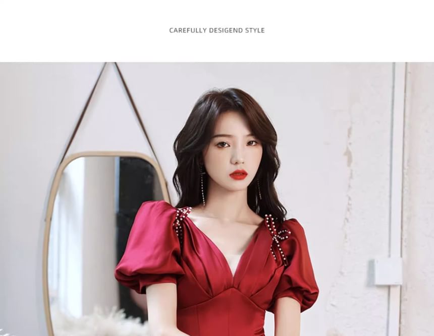 / V-Neck Short-Sleeve A-Line Dress Ribbon Beaded Evening Gown