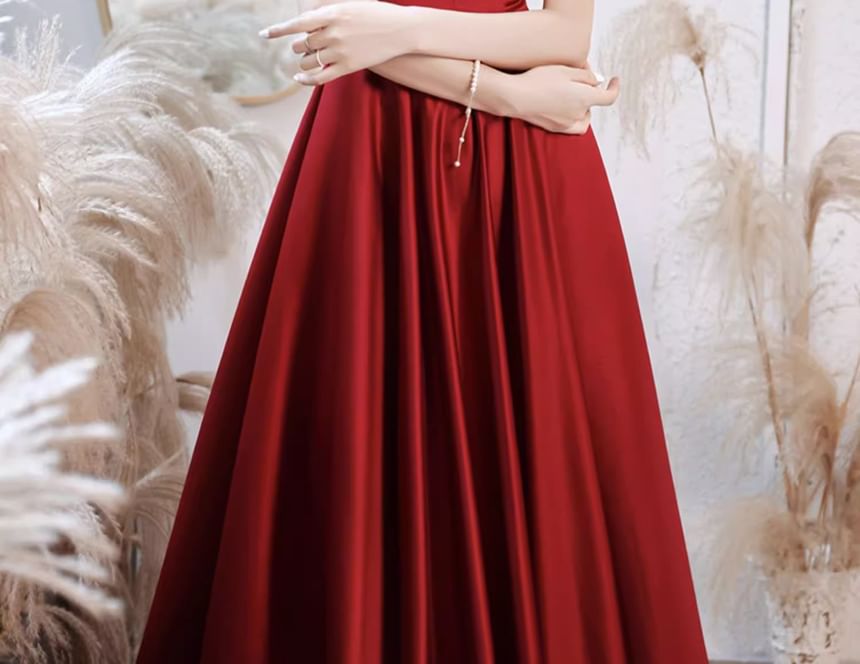 / V-Neck Short-Sleeve A-Line Dress Ribbon Beaded Evening Gown