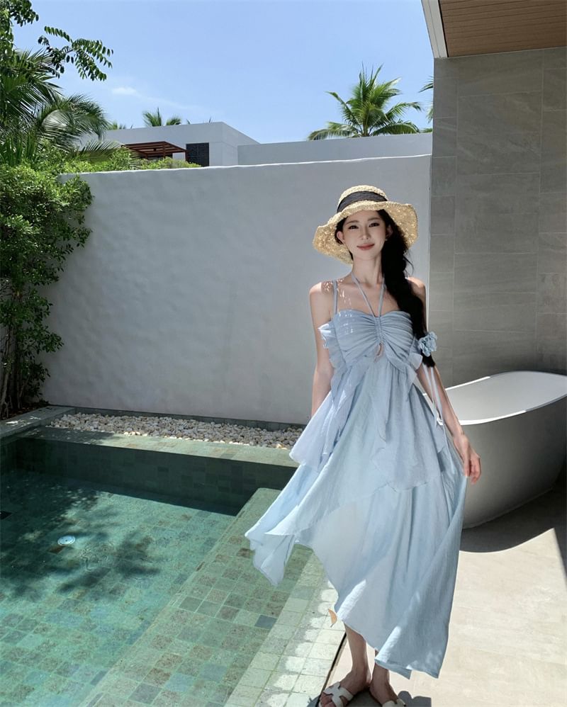 Strap Dress A-Line Asymmetrical Plain Midi Spaghetti