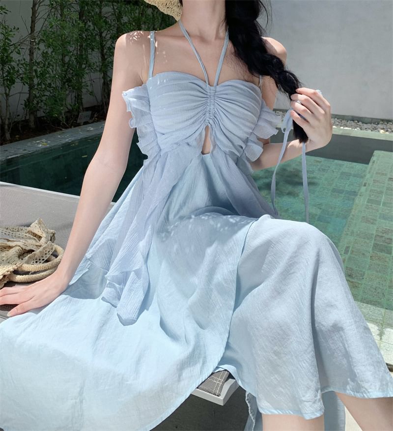 Strap Dress A-Line Asymmetrical Plain Midi Spaghetti