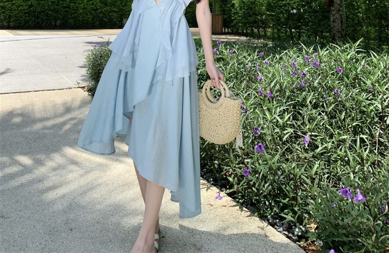 Strap Dress A-Line Asymmetrical Plain Midi Spaghetti