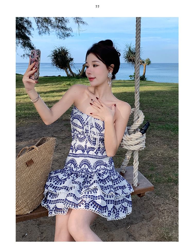 Mini Ruched A-Line Dress Embroidered Tube