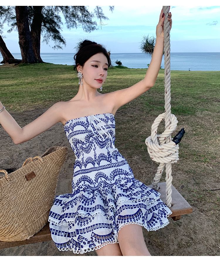 Mini Ruched A-Line Dress Embroidered Tube