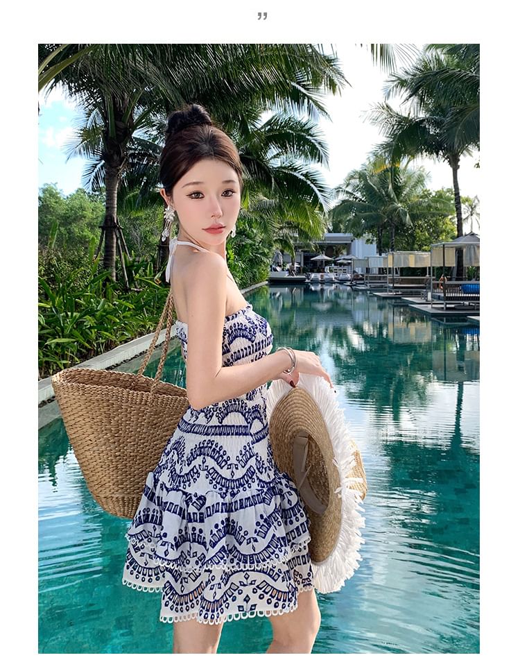 Mini Ruched A-Line Dress Embroidered Tube