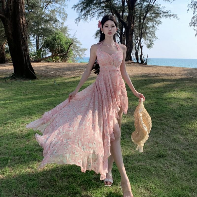 A-Line Back Ruched Floral Print Asymmetrical V-Neck Trim Ruffle Open Halter Dress