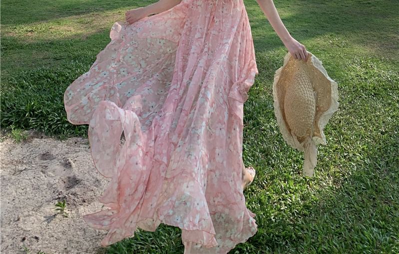 A-Line Back Ruched Floral Print Asymmetrical V-Neck Trim Ruffle Open Halter Dress