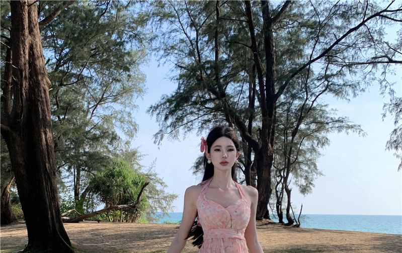 A-Line Back Ruched Floral Print Asymmetrical V-Neck Trim Ruffle Open Halter Dress