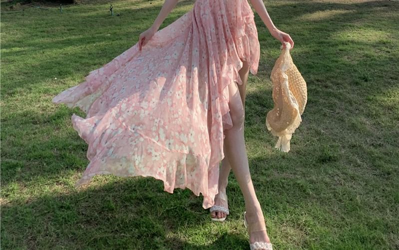 A-Line Back Ruched Floral Print Asymmetrical V-Neck Trim Ruffle Open Halter Dress