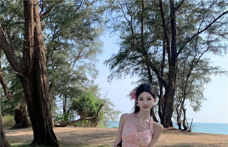 A-Line Back Ruched Floral Print Asymmetrical V-Neck Trim Ruffle Open Halter Dress