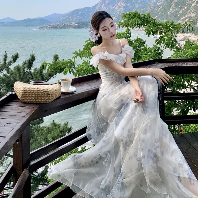 A-Line Shoulder Floral Maxi Ruffle Dress Ruched Trim Square Neck Cold Print