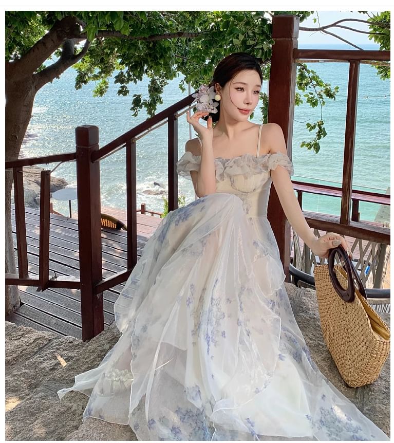 A-Line Shoulder Floral Maxi Ruffle Dress Ruched Trim Square Neck Cold Print