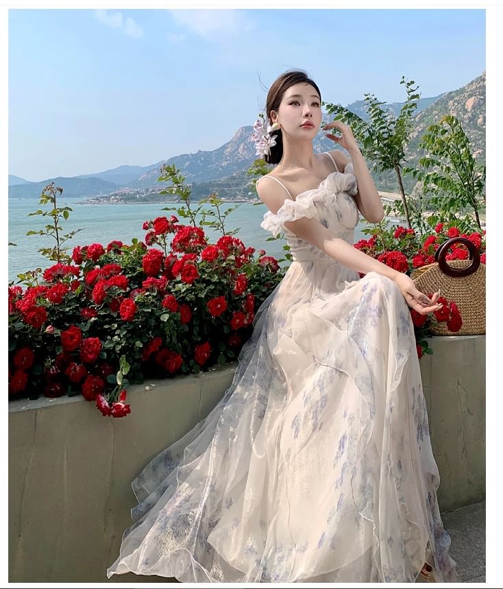 A-Line Shoulder Floral Maxi Ruffle Dress Ruched Trim Square Neck Cold Print