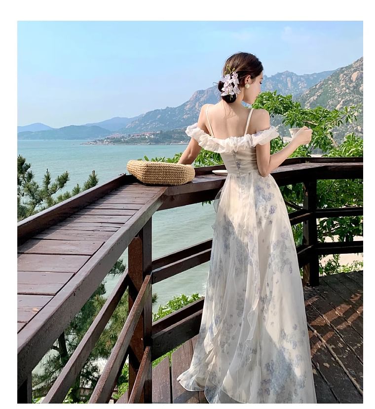 A-Line Shoulder Floral Maxi Ruffle Dress Ruched Trim Square Neck Cold Print