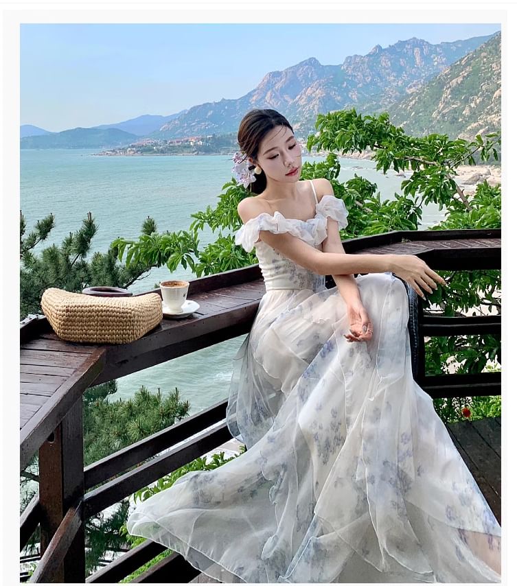 A-Line Shoulder Floral Maxi Ruffle Dress Ruched Trim Square Neck Cold Print