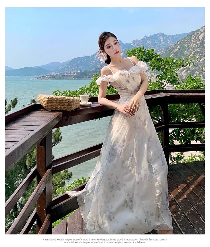 A-Line Shoulder Floral Maxi Ruffle Dress Ruched Trim Square Neck Cold Print