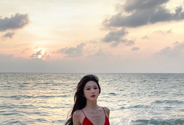 Spaghetti Open Ruffle Back Plunge A-Line Maxi Strap Dress Slit Trim Plain V-Neck