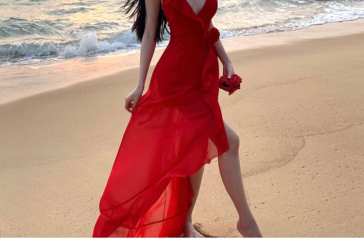 Spaghetti Open Ruffle Back Plunge A-Line Maxi Strap Dress Slit Trim Plain V-Neck