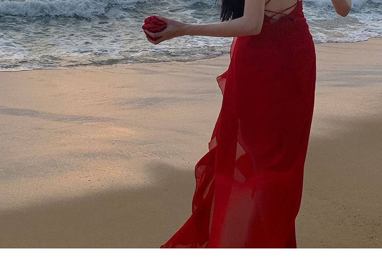 Spaghetti Open Ruffle Back Plunge A-Line Maxi Strap Dress Slit Trim Plain V-Neck