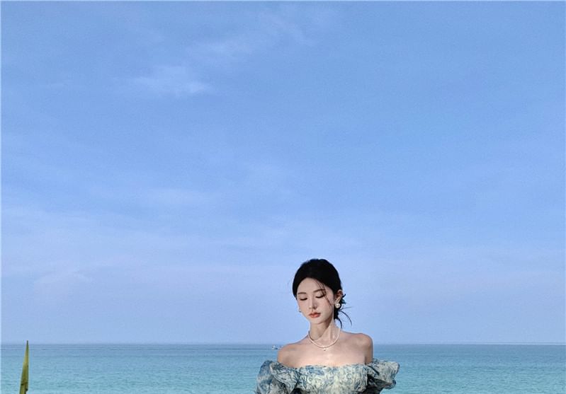 Ruffle Puff-Sleeve Slit Trim Dress Maxi Floral Off-Shoulder Print A-Line