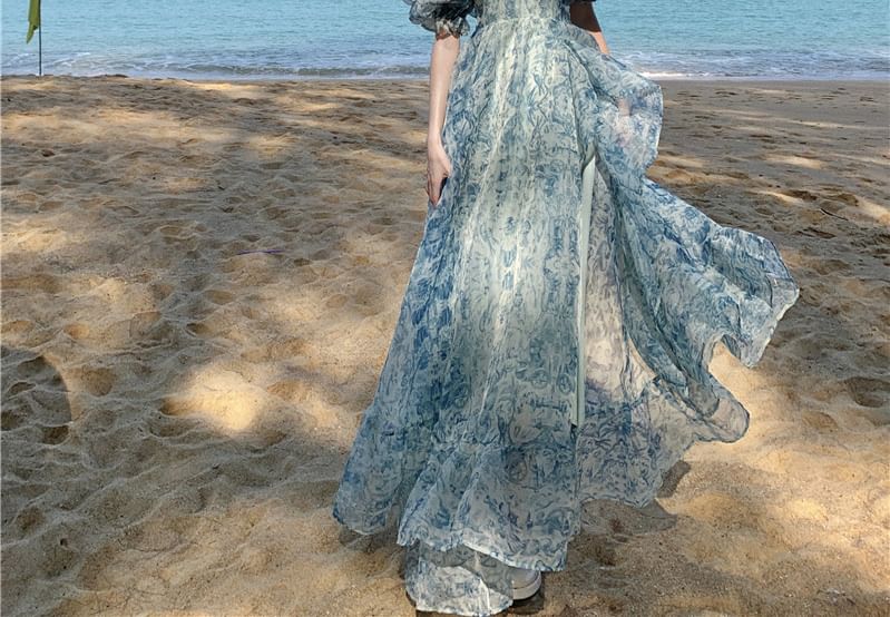 Ruffle Puff-Sleeve Slit Trim Dress Maxi Floral Off-Shoulder Print A-Line