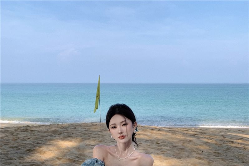 Ruffle Puff-Sleeve Slit Trim Dress Maxi Floral Off-Shoulder Print A-Line