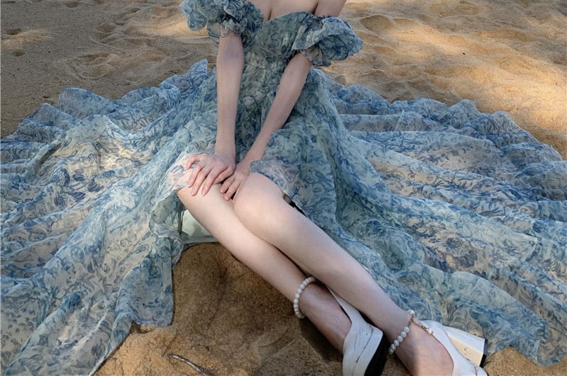 Ruffle Puff-Sleeve Slit Trim Dress Maxi Floral Off-Shoulder Print A-Line