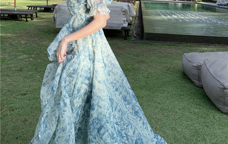 Ruffle Puff-Sleeve Slit Trim Dress Maxi Floral Off-Shoulder Print A-Line