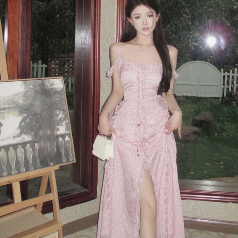 A-Line Front Dress Trim Shoulder V-Neck Cold Dotted Maxi Tie Slit Ruffle