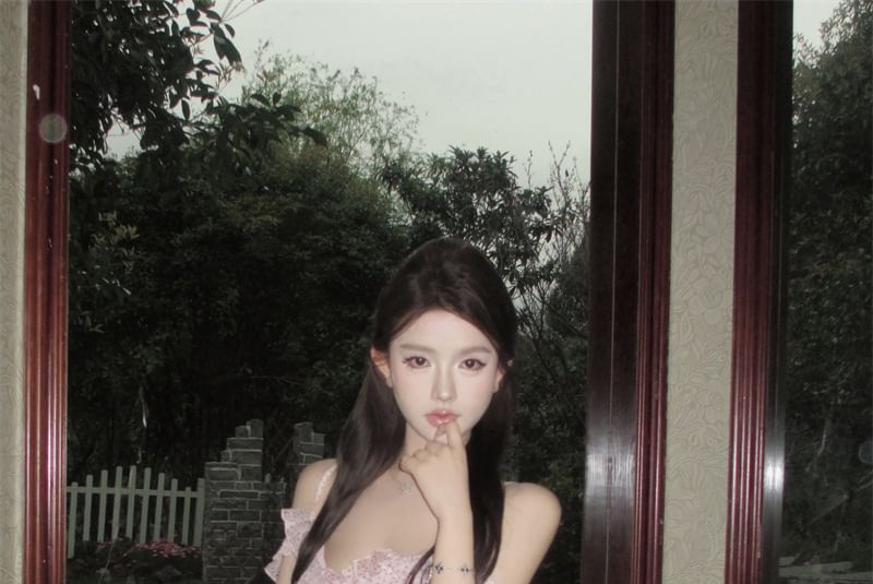 A-Line Front Dress Trim Shoulder V-Neck Cold Dotted Maxi Tie Slit Ruffle