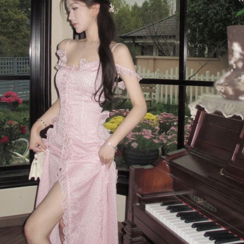 A-Line Front Dress Trim Shoulder V-Neck Cold Dotted Maxi Tie Slit Ruffle