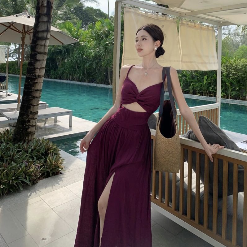 Strap Knot Spaghetti Maxi Dress A-Line Plain Cutout V-Neck Slit