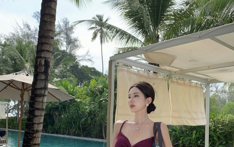 Strap Knot Spaghetti Maxi Dress A-Line Plain Cutout V-Neck Slit