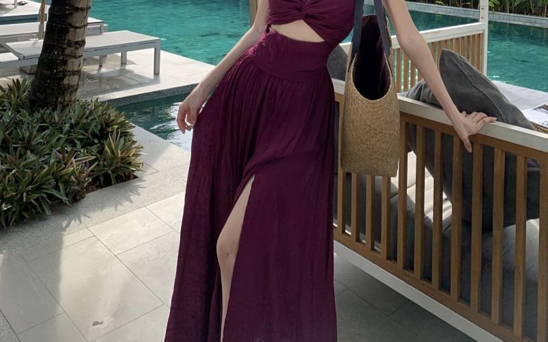 Strap Knot Spaghetti Maxi Dress A-Line Plain Cutout V-Neck Slit