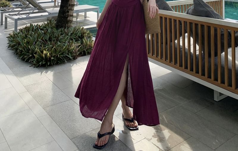 Strap Knot Spaghetti Maxi Dress A-Line Plain Cutout V-Neck Slit