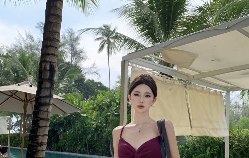 Strap Knot Spaghetti Maxi Dress A-Line Plain Cutout V-Neck Slit