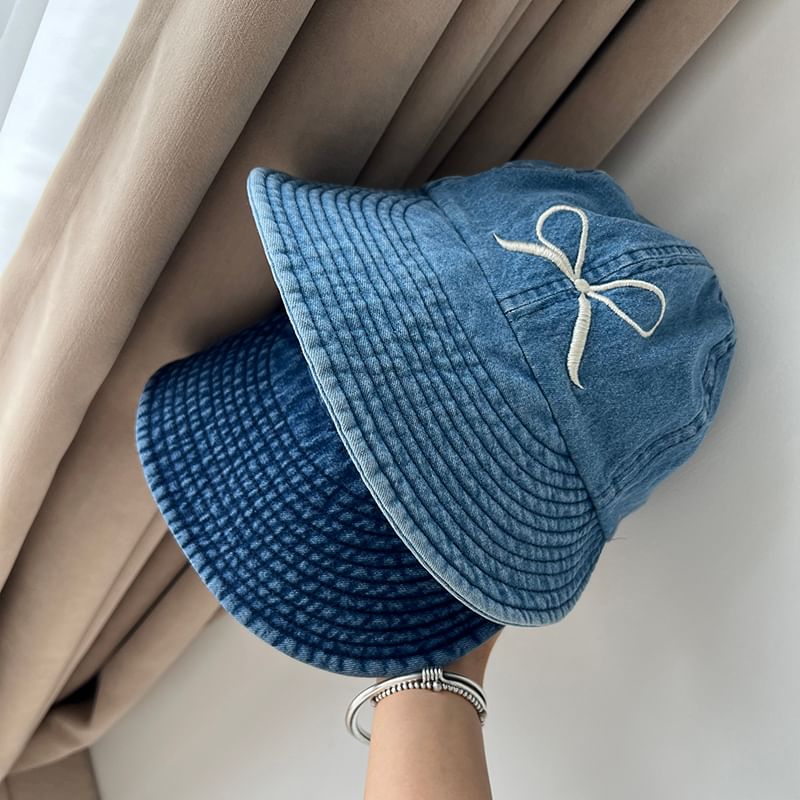 Washed Embroidered Denim Brim Bow Cap Wide