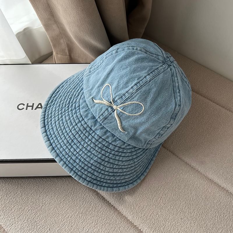 Washed Embroidered Denim Brim Bow Cap Wide