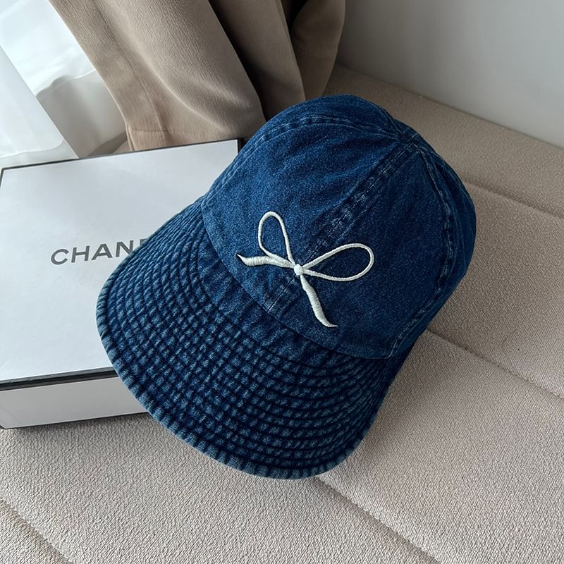 Washed Embroidered Denim Brim Bow Cap Wide