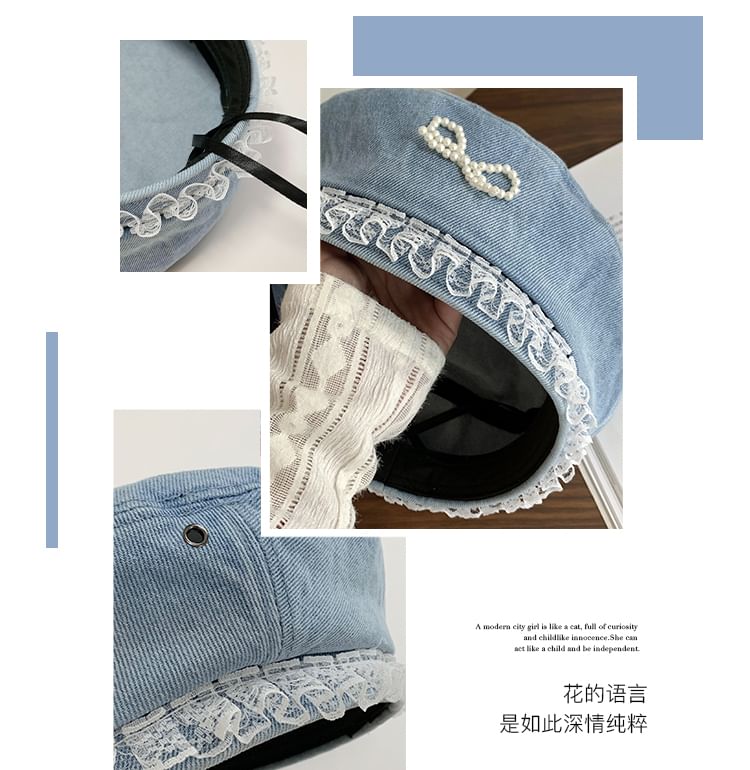 Trim Denim Faux Pearl Lace Beret Bow