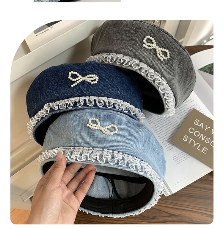 Trim Denim Faux Pearl Lace Beret Bow